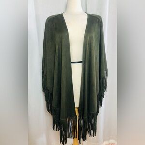 White House Black Market Fringe Wrap Shawl Covering One Size Olive Green NWT